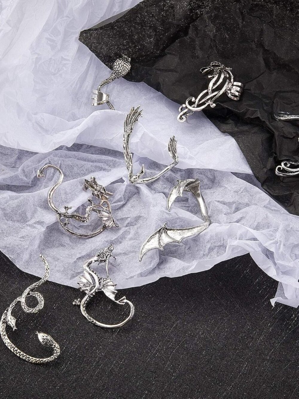 8 Pcs Punk Earrings Dragon Ear Cuff Vintage Retro Snake Bat Crow Ear Climber Ear - Picture 7 of 7